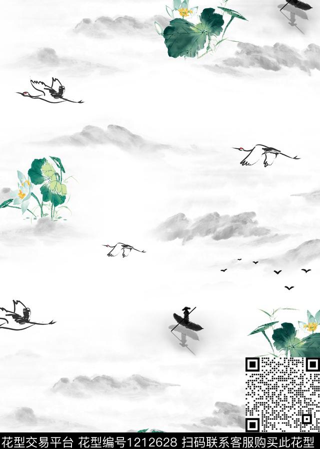 荷花国画数码印花华亿平台下载（图片编号: 1212628） - 瓦栏（Walan）