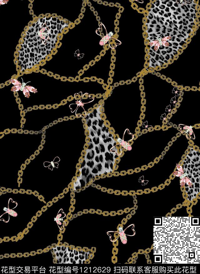 链条蝴蝶豹纹数码印花华亿平台下载（图片编号: 1212629） - 瓦栏（Walan）