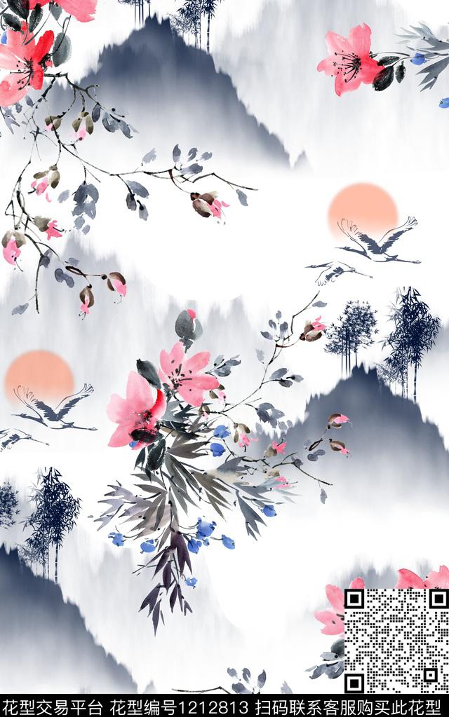 旗袍水墨风中国风数码印花华亿平台下载（图片编号: 1212813） - 瓦栏（Walan）