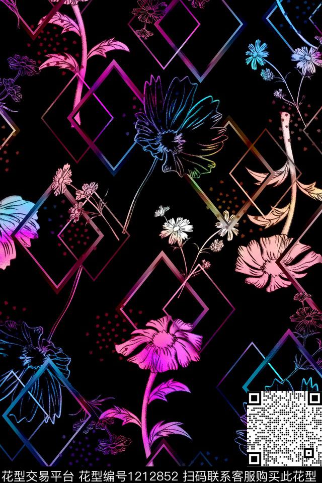 几何花卉大牌风数码印花华亿平台下载（图片编号: 1212852） - 瓦栏（Walan）