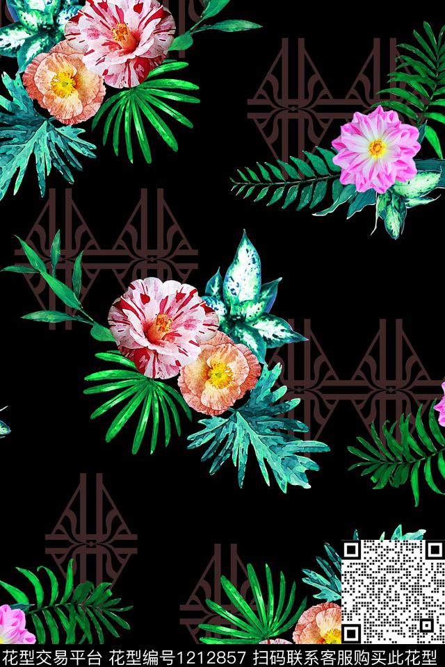 几何花卉大牌风数码印花华亿平台下载（图片编号: 1212857） - 瓦栏（Walan）
