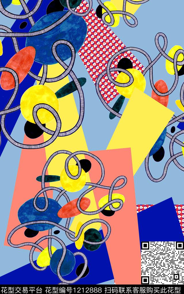 几何线条混合拼接数码印花华亿平台下载（图片编号: 1212888） - 瓦栏（Walan）