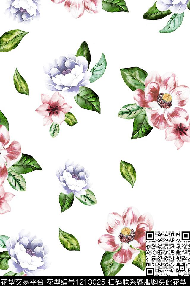 花卉玉兰花手绘花卉数码印花华亿平台下载（图片编号: 1213025） - 瓦栏（Walan）