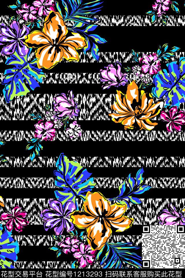 花卉大牌风条纹数码印花华亿平台下载（图片编号: 1213293） - 瓦栏（Walan）