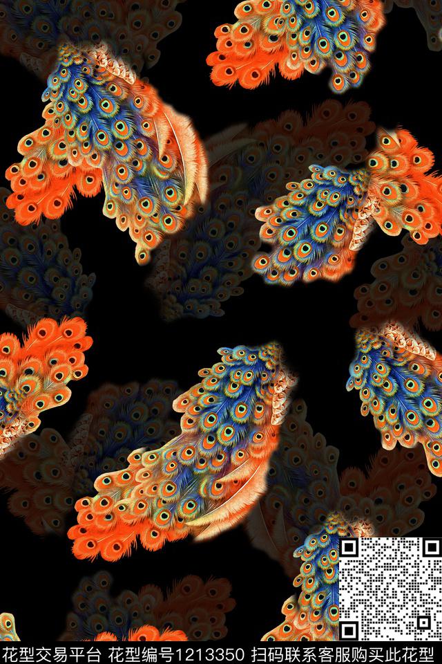 抽象羽毛黑底花卉数码印花华亿平台下载（图片编号: 1213350） - 瓦栏（Walan）