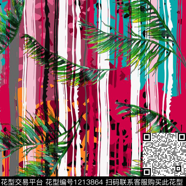植物彩色条纹热带华亿平台数码印花华亿平台下载（图片编号: 1213864） - 瓦栏（Walan）