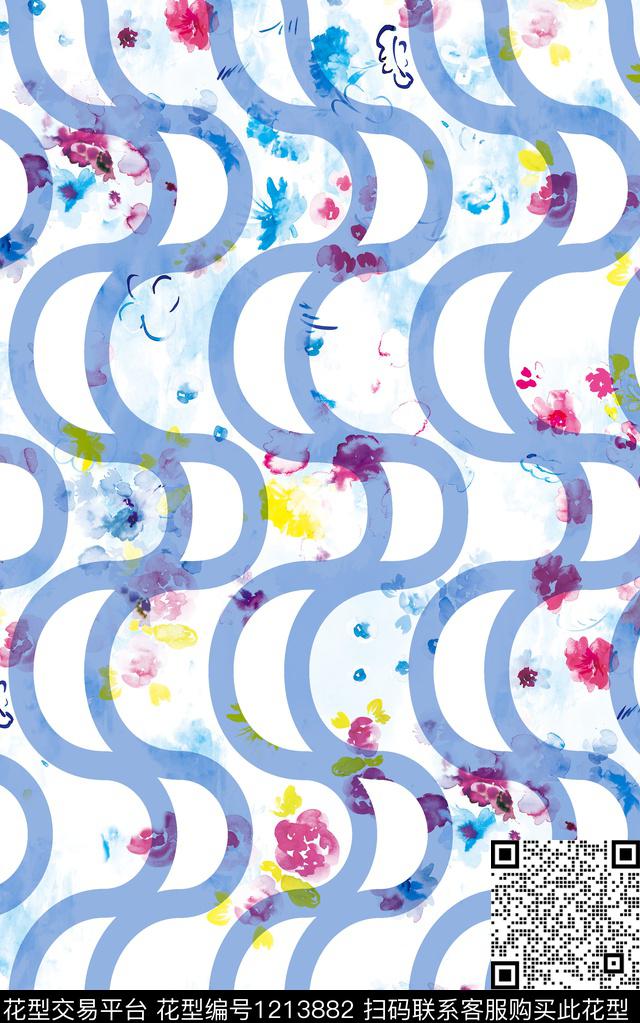 几何花卉线条几何数码印花华亿平台下载（图片编号: 1213882） - 瓦栏（Walan）