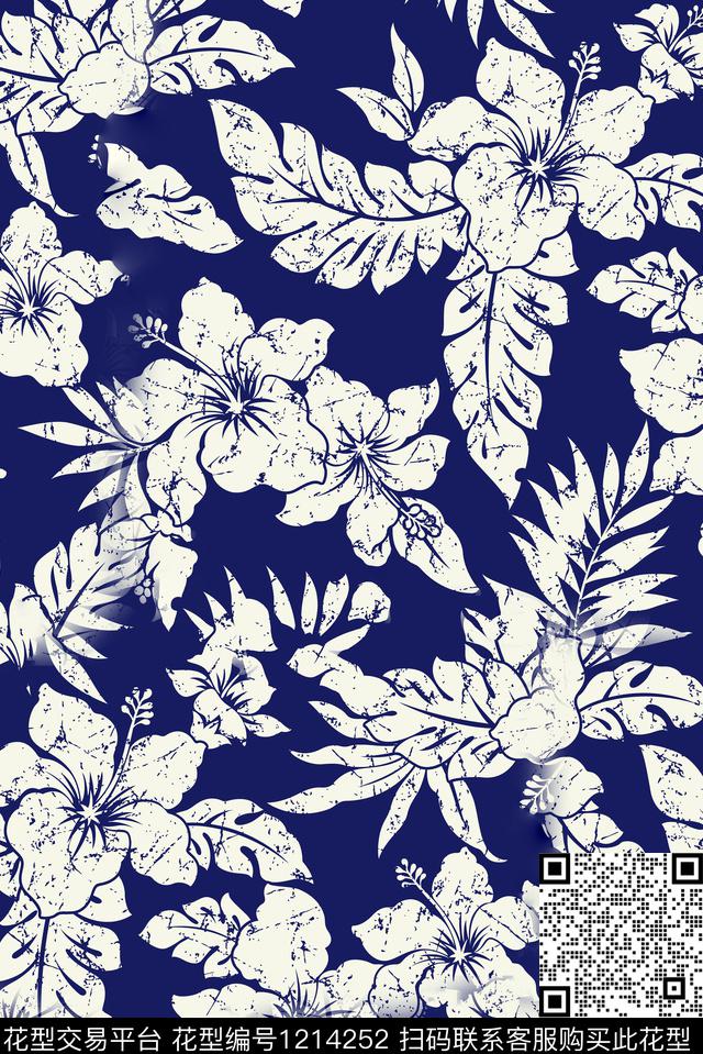 靛蓝棕榈树热带华亿平台数码印花华亿平台下载（图片编号: 1214252） - 瓦栏（Walan）