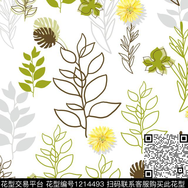 小雏菊线条花卉线条树叶传统印花华亿平台下载（图片编号: 1214493） - 瓦栏（Walan）