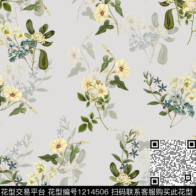 清爽底花卉大牌风小清新数码印花华亿平台下载（图片编号: 1214506） - 瓦栏（Walan）
