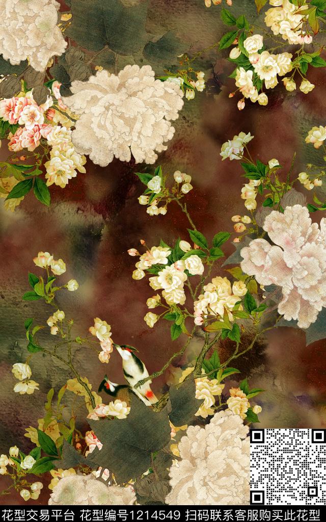 海棠花卉香云纱数码印花华亿平台下载（图片编号: 1214549） - 瓦栏（Walan）
