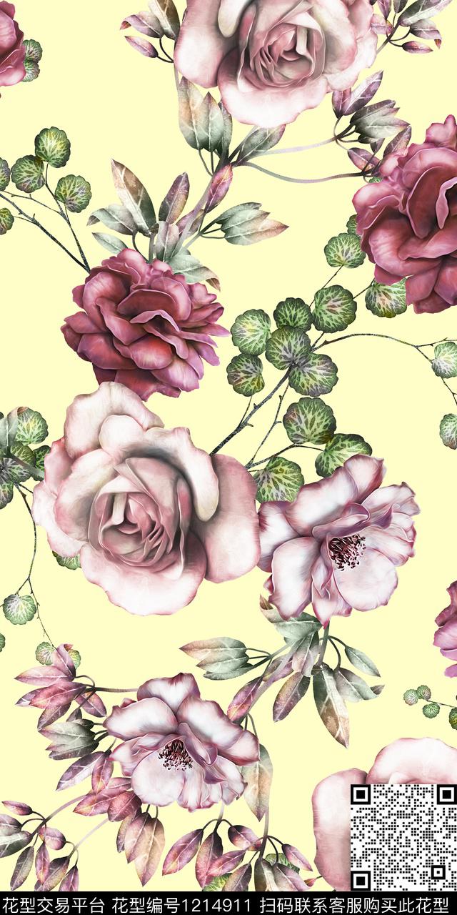 数码华亿平台植物手绘花卉数码印花华亿平台下载（图片编号: 1214911） - 瓦栏（Walan）