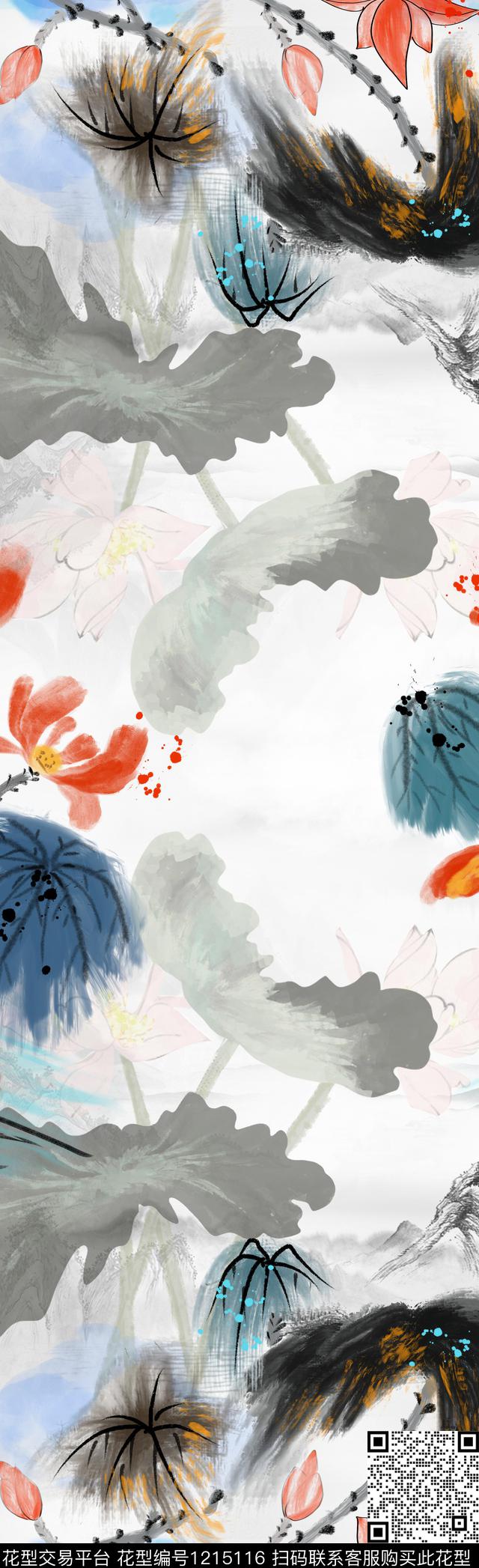 手绘荷花山数码印花华亿平台下载（图片编号: 1215116） - 瓦栏（Walan）