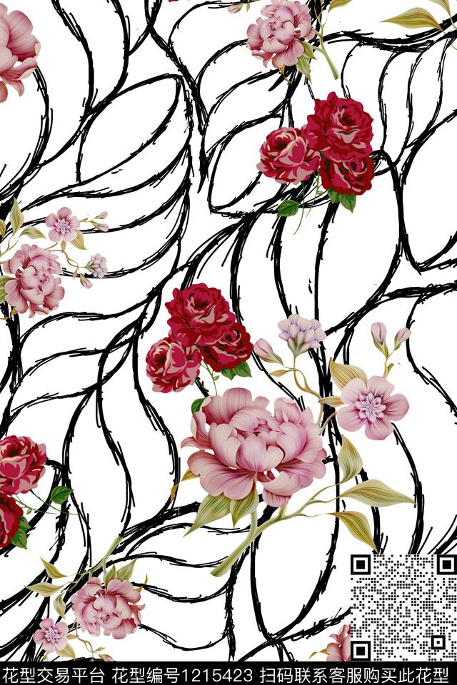 几何花卉满版散花数码印花华亿平台下载（图片编号: 1215423） - 瓦栏（Walan）