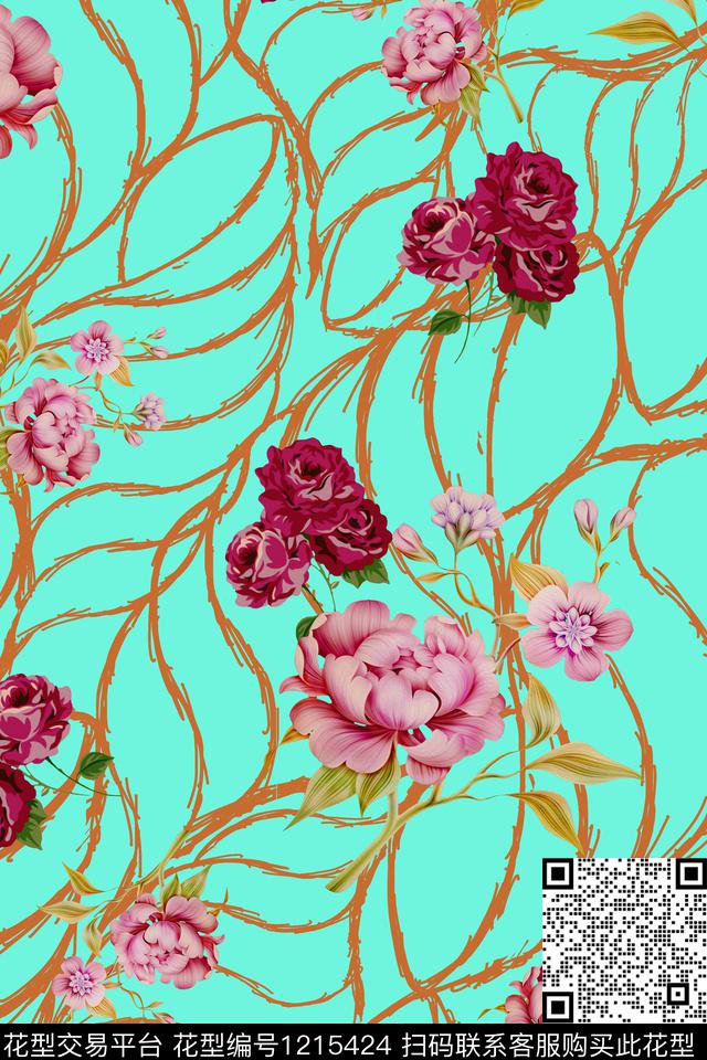 几何花卉满版散花数码印花华亿平台下载（图片编号: 1215424） - 瓦栏（Walan）