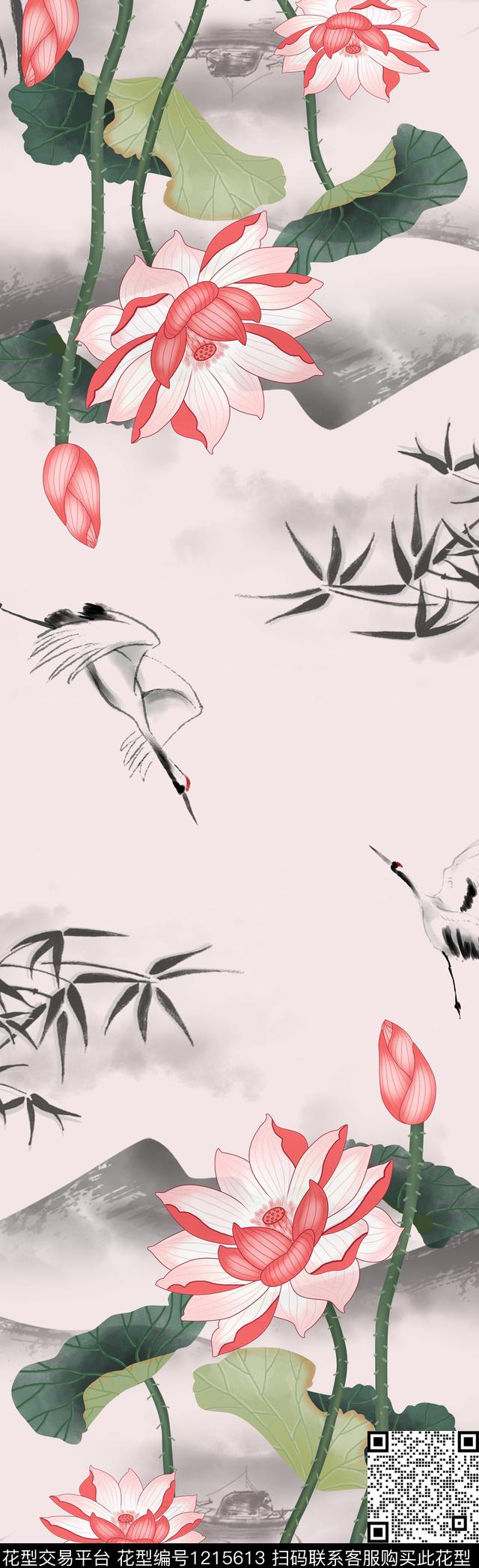 仙鹤中国风竹子数码印花华亿平台下载（图片编号: 1215613） - 瓦栏（Walan）