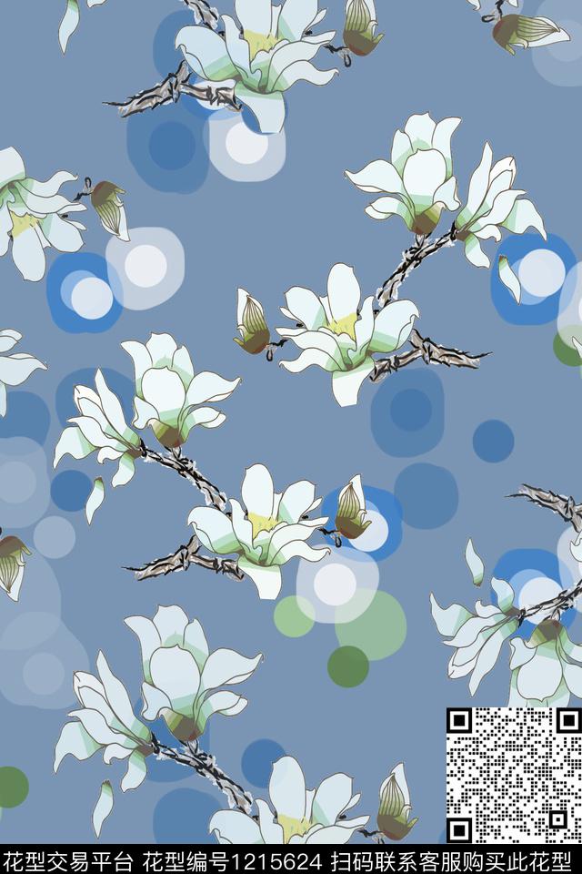 民族风图案玉兰花语青蓝雅韵系列传统印花华亿平台下载（图片编号: 1215624） - 瓦栏（Walan）