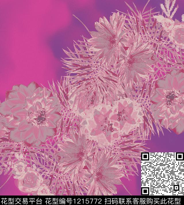 炫彩手绘花卉数码印花华亿平台下载（图片编号: 1215772） - 瓦栏（Walan）