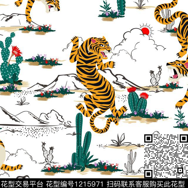 线条画老虎植物传统印花华亿平台下载（图片编号: 1215971） - 瓦栏（Walan）