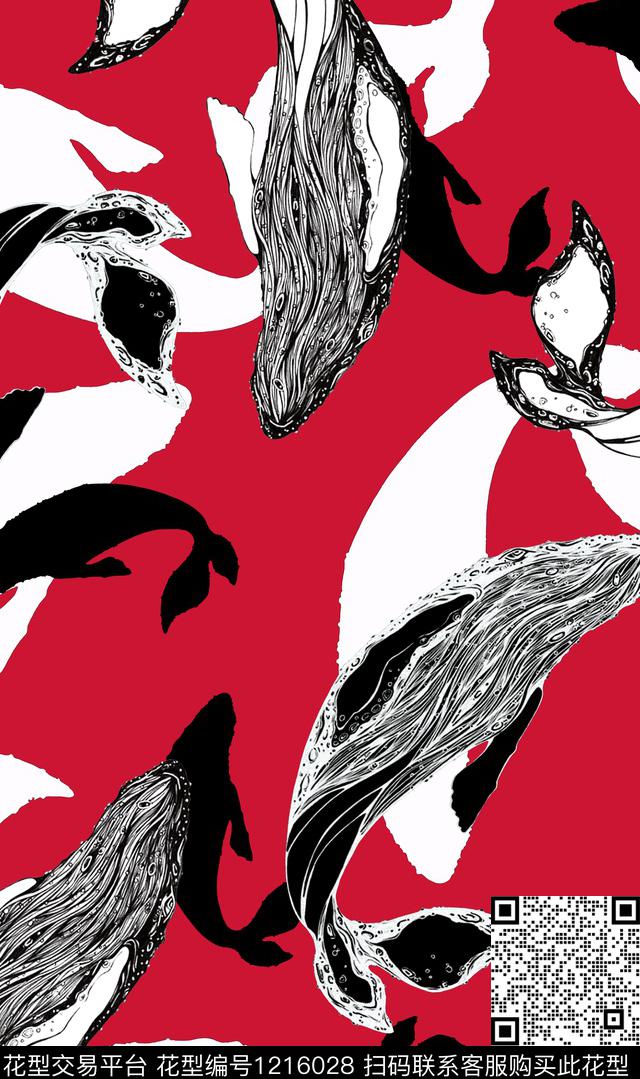 鲸鱼黑白华亿平台创意数码印花华亿平台下载（图片编号: 1216028） - 瓦栏（Walan）