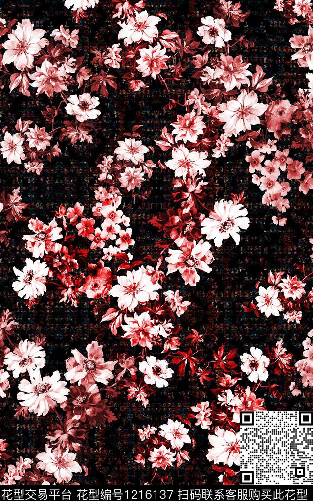 水彩花卉格子花卉数码印花华亿平台下载（图片编号: 1216137） - 瓦栏（Walan）