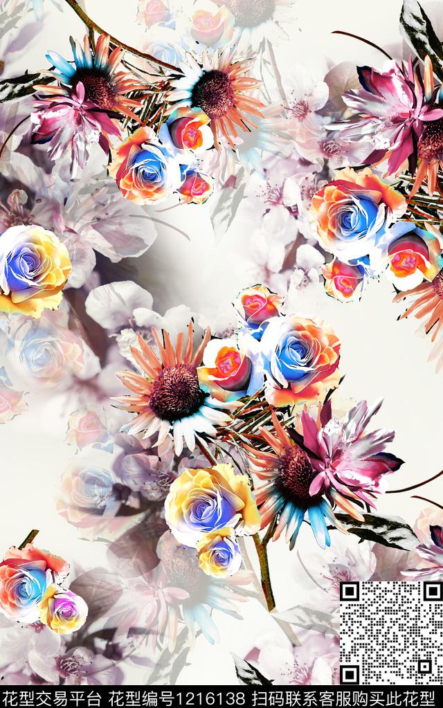 水彩花卉格子花卉数码印花华亿平台下载（图片编号: 1216138） - 瓦栏（Walan）