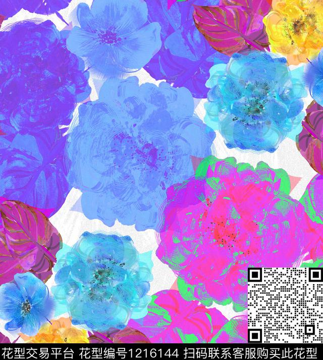 炫彩手绘花卉数码印花华亿平台下载（图片编号: 1216144） - 瓦栏（Walan）
