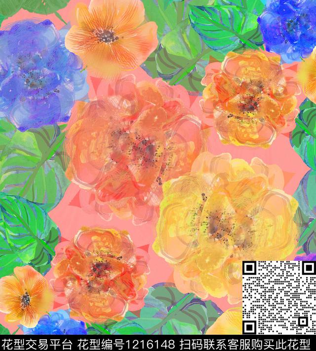 炫彩手绘花卉数码印花华亿平台下载（图片编号: 1216148） - 瓦栏（Walan）