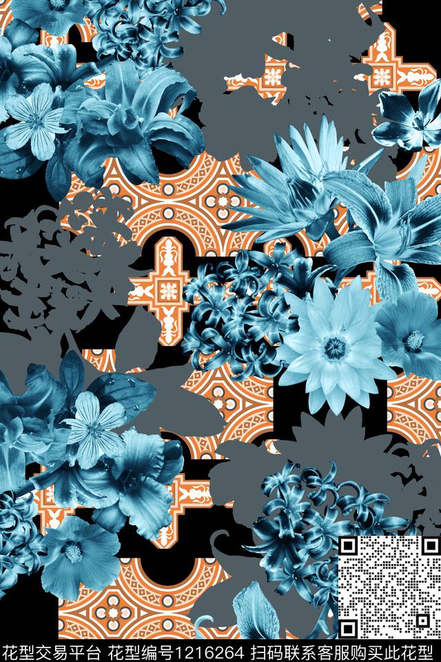 几何花卉大牌风数码印花华亿平台下载（图片编号: 1216264） - 瓦栏（Walan）