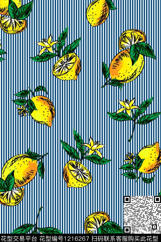 柠檬水果黑白条纹数码印花华亿平台下载（图片编号: 1216267） - 瓦栏（Walan）