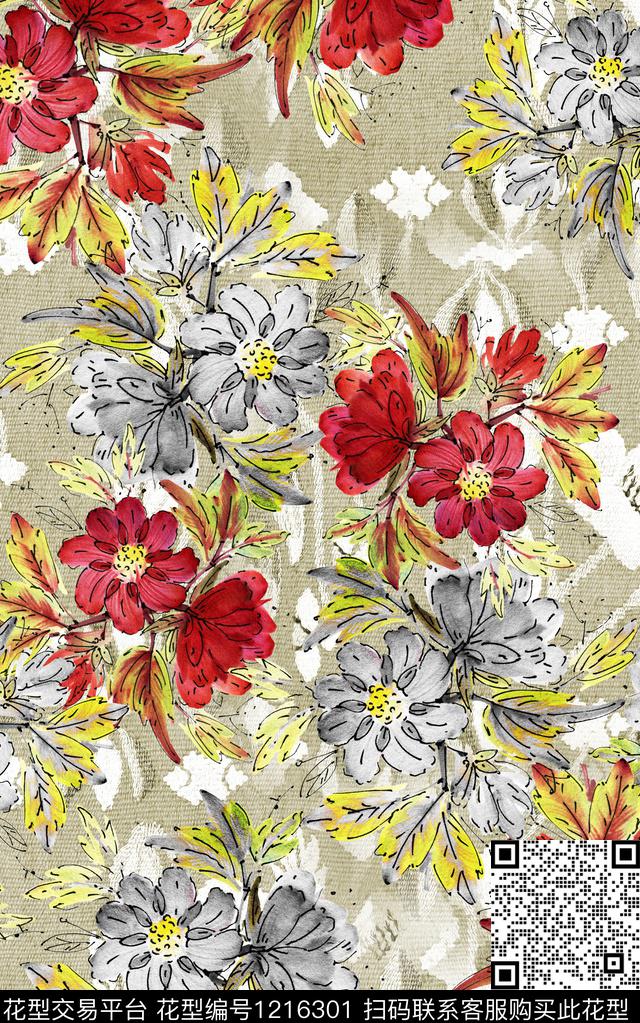 花卉肌理手绘花卉数码印花华亿平台下载（图片编号: 1216301） - 瓦栏（Walan）