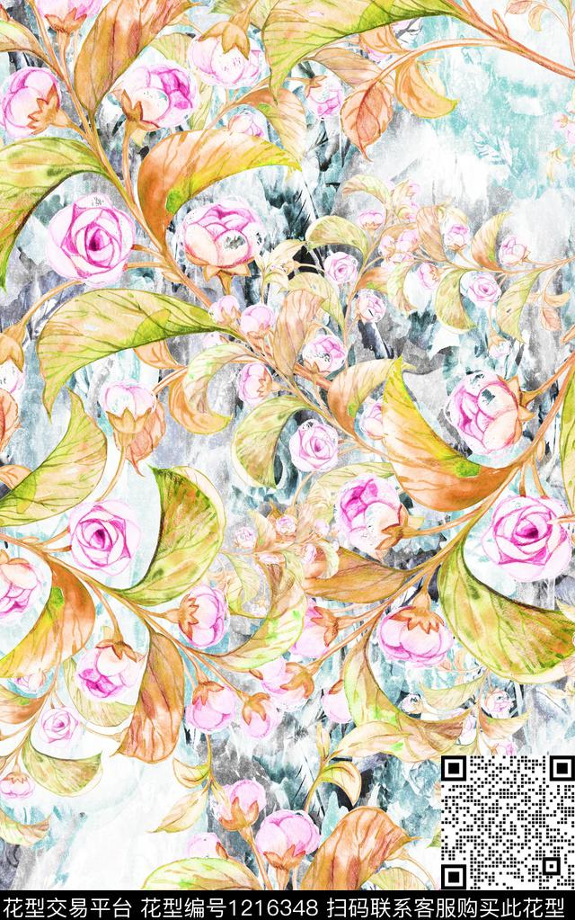 花卉肌理手绘花卉数码印花华亿平台下载（图片编号: 1216348） - 瓦栏（Walan）