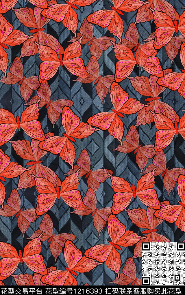 几何蝴蝶线条数码印花华亿平台下载（图片编号: 1216393） - 瓦栏（Walan）