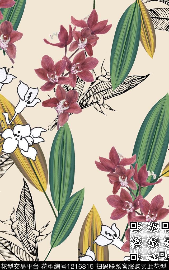 花卉大牌风绿植树叶数码印花华亿平台下载（图片编号: 1216815） - 瓦栏（Walan）