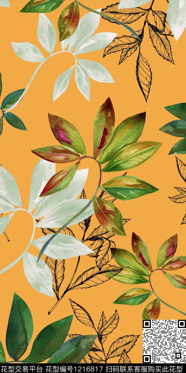 花卉大牌风绿植树叶数码印花华亿平台下载（图片编号: 1216817） - 瓦栏（Walan）