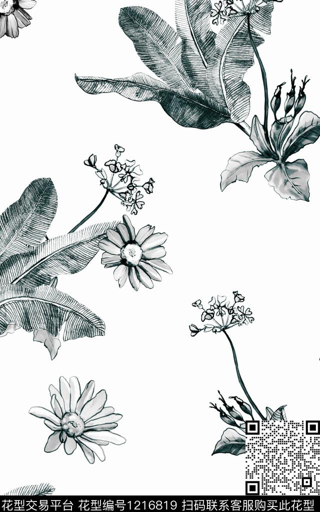 花卉大牌风绿植树叶数码印花华亿平台下载（图片编号: 1216819） - 瓦栏（Walan）