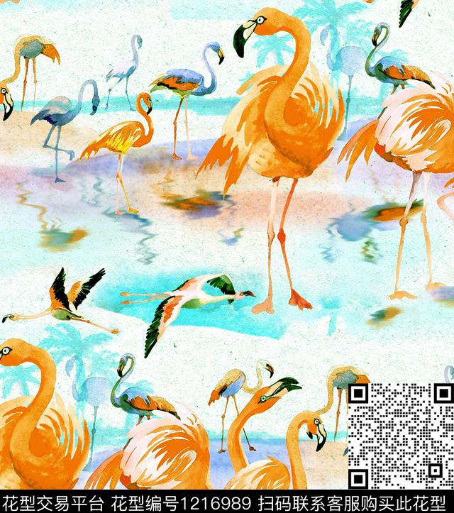 火烈鸟水彩Flamingo数码印花华亿平台下载（图片编号: 1216989） - 瓦栏（Walan）