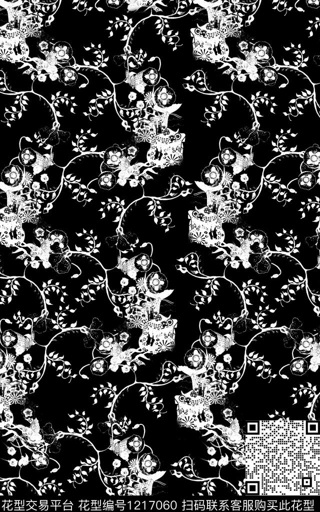 花卉肌理黑白华亿平台数码印花华亿平台下载（图片编号: 1217060） - 瓦栏（Walan）