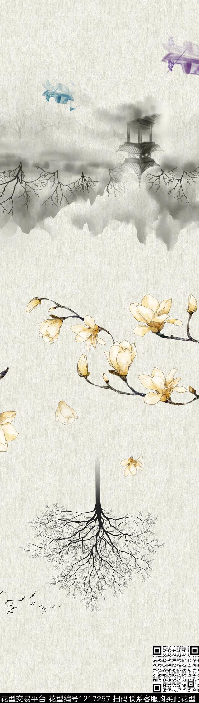 水墨水墨画中国中国风玉兰玉兰花数码印花华亿平台下载（图片编号: 1217257） - 瓦栏（Walan）