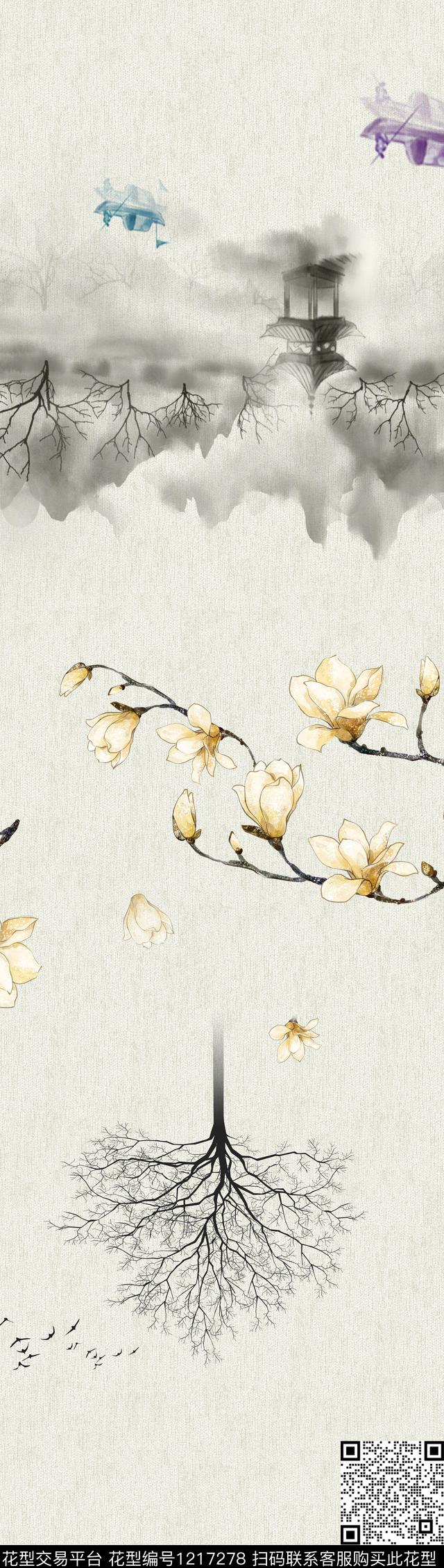 水墨水墨画中国中国风玉兰玉兰花数码印花华亿平台下载（图片编号: 1217278） - 瓦栏（Walan）
