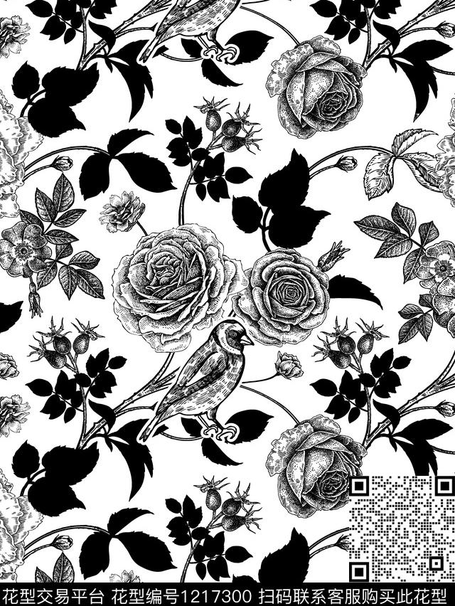 玫瑰花花夲鸟语华亿平台传统印花华亿平台下载（图片编号: 1217300） - 瓦栏（Walan）