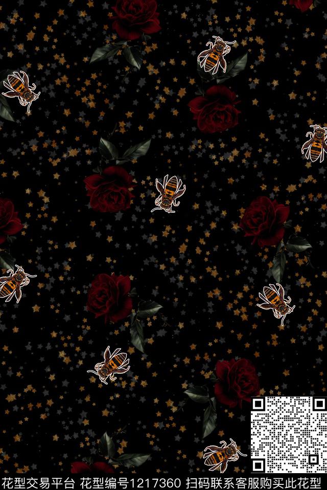 蜜蜂玫瑰花Fei-男装数码印花华亿平台下载（图片编号: 1217360） - 瓦栏（Walan）