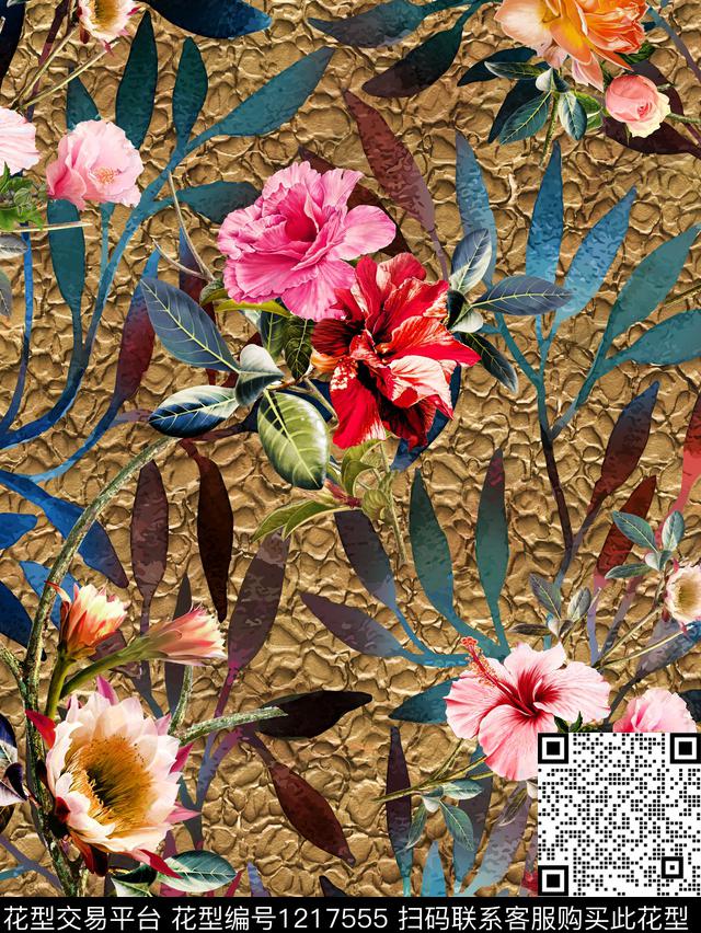 春夏华亿平台花卉香云纱数码印花华亿平台下载（图片编号: 1217555） - 瓦栏（Walan）