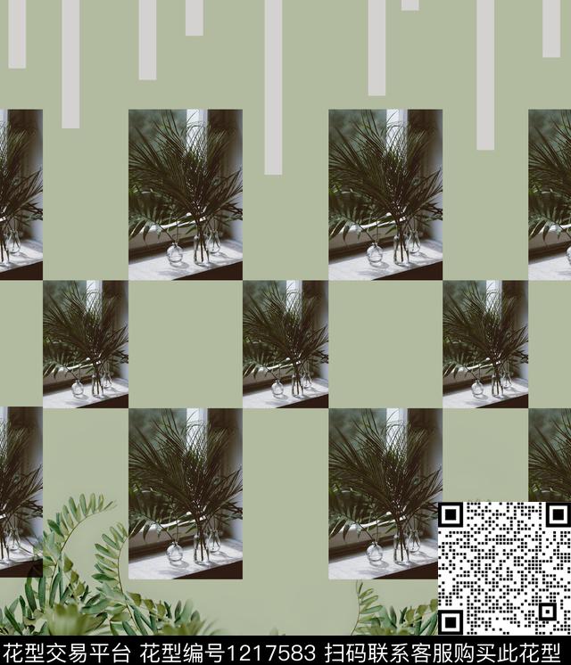 几何格子绿植树叶数码印花华亿平台下载（图片编号: 1217583） - 瓦栏（Walan）