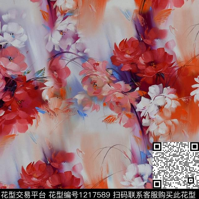 手绘玫瑰牡丹peony数码印花华亿平台下载（图片编号: 1217589） - 瓦栏（Walan）