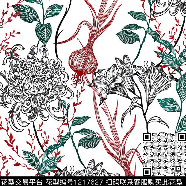 线条画签字笔素描数码印花华亿平台下载（图片编号: 1217627） - 瓦栏（Walan）