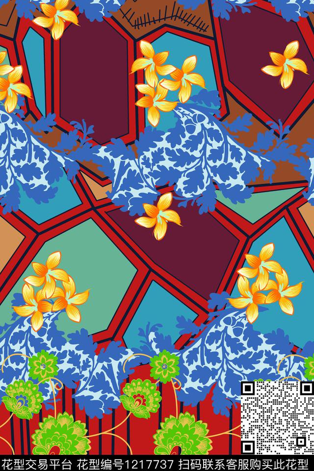 几何大牌风满版散花传统印花华亿平台下载（图片编号: 1217737） - 瓦栏（Walan）