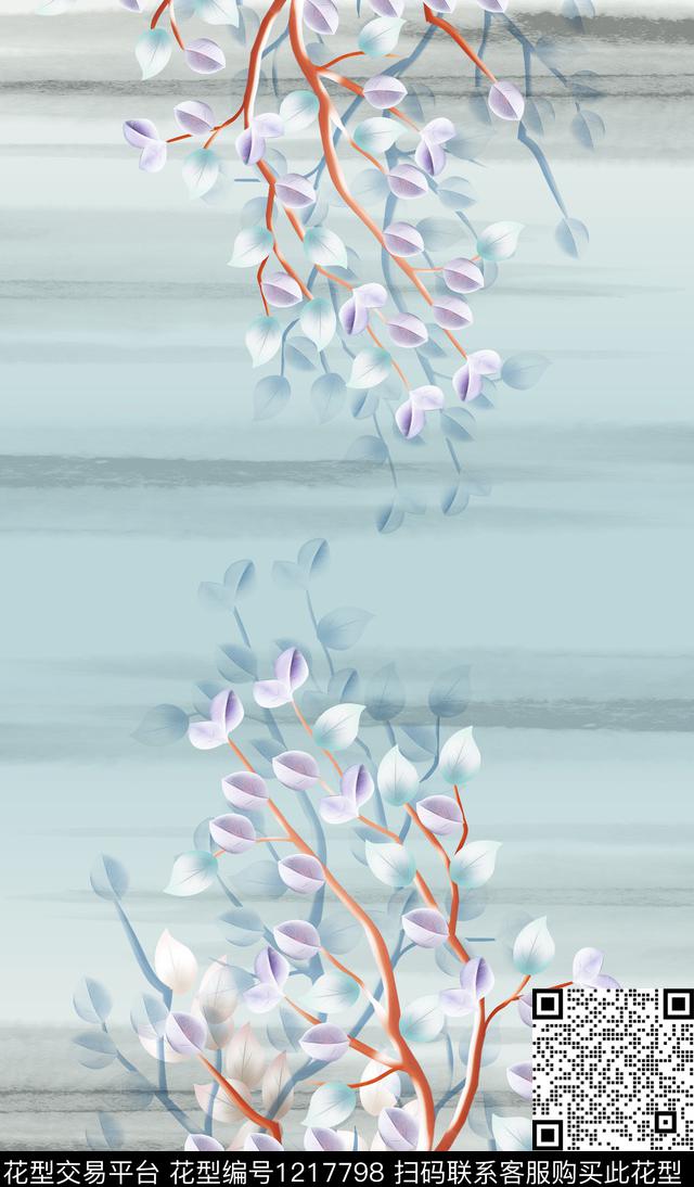 花卉定位花水墨风数码印花华亿平台下载（图片编号: 1217798） - 瓦栏（Walan）