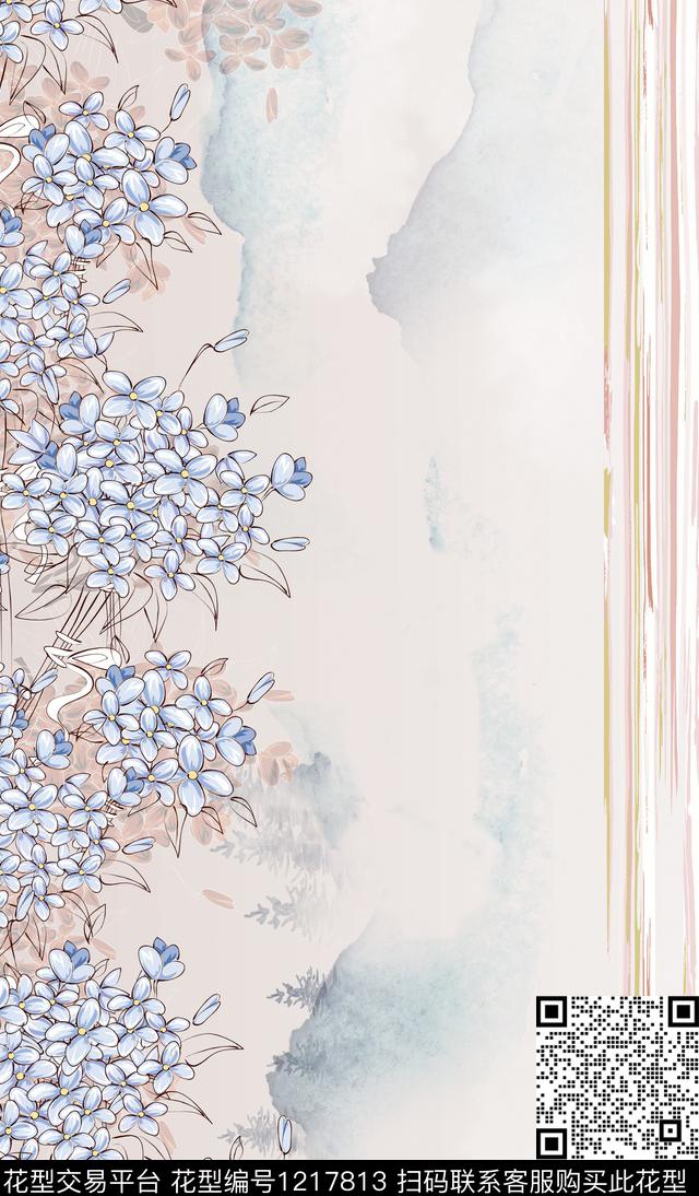 花卉定位花水墨风数码印花华亿平台下载（图片编号: 1217813） - 瓦栏（Walan）