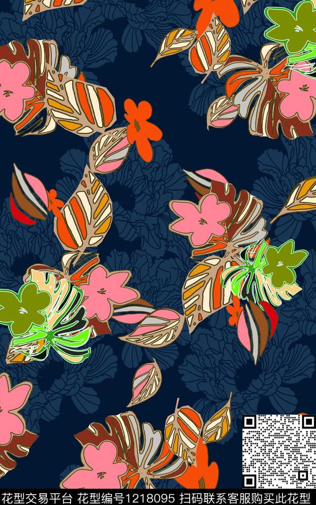 几何花卉热带华亿平台数码印花华亿平台下载（图片编号: 1218095） - 瓦栏（Walan）
